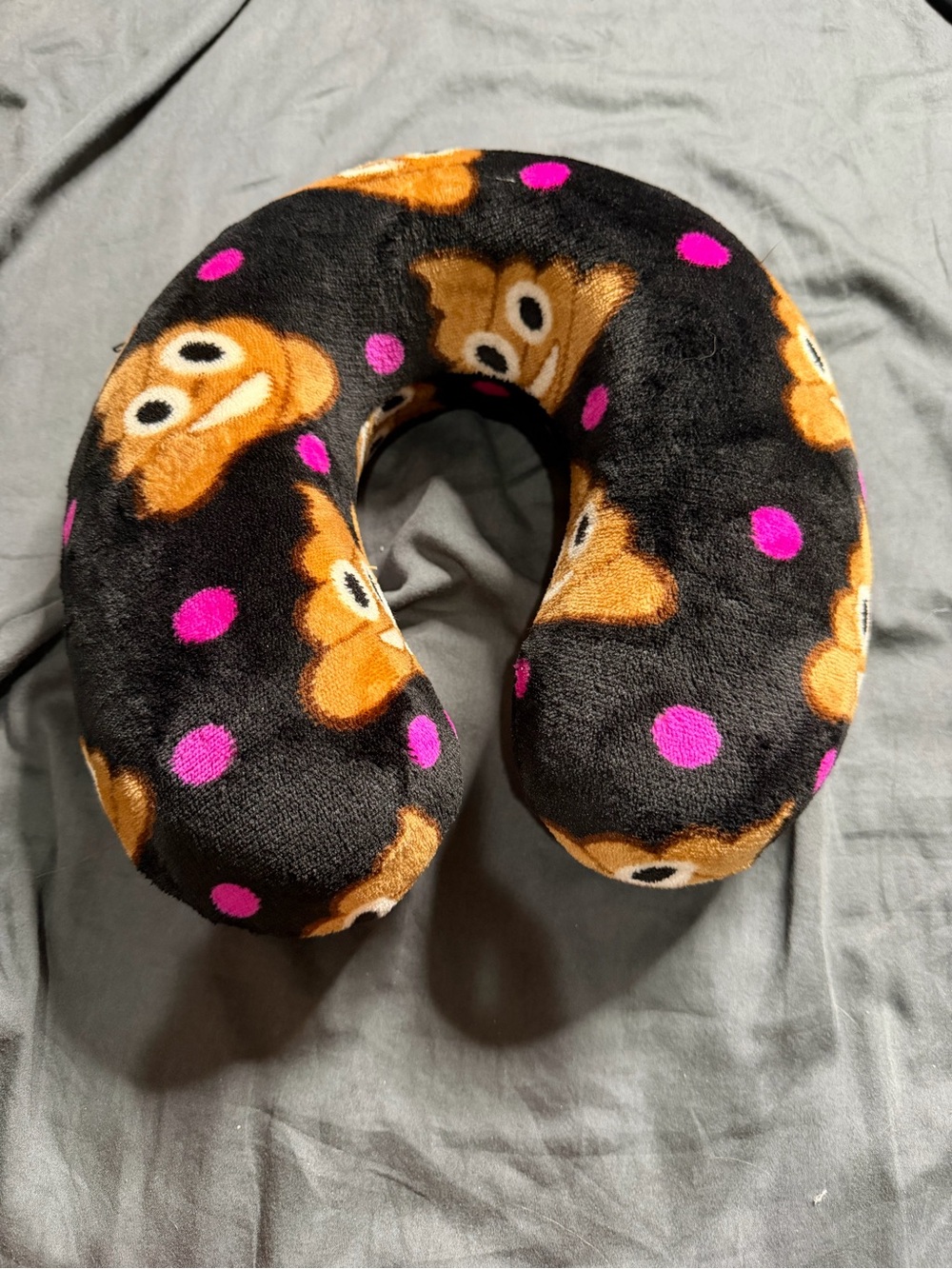 Poop Emoji Print U-Shaped Plush Travel Pillow - Black & Pink Accents